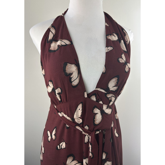 Reformation Johnson Dress Wrap Halter Tie Butterfly Print Burgundy Women's Large - Picture 6 of 15